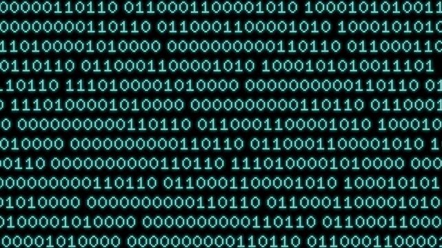 Digital binary display screen move code 0 and 1 slide glowing text number on black background concept programming database information network math.