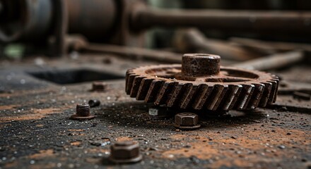 Rusty gear resting on a weathered metal surface surrounded by old bolts and grime, creating an industrial still life with textures