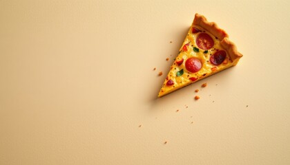 delicate quiche slice positioned in the upper right corner on a matte beige background, in a minimalist food photography style, with warm indoor glow, spacious composition, high resolution