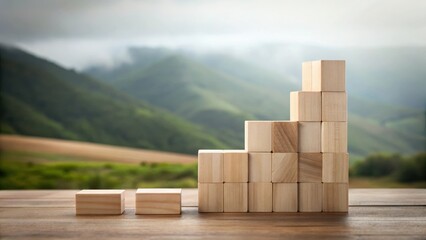 Wooden Blocks Forming Ascending Steps Against a Serene Mountain Landscape Representing Growth and Progress