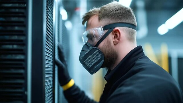 Filter frame loaded with gray dust particles removed from air handler, technician wears respirator mask