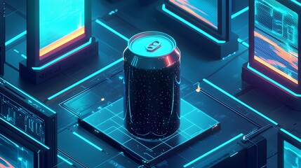 A futuristic soda can with a cosmic design rests on a glowing platform amidst a high-tech laboratory setting surrounded by vibrant digital screens displaying abstract neon designs