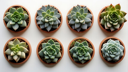 Eight Potted Echeveria Succulents Arranged On A White Surface Overhead Shot