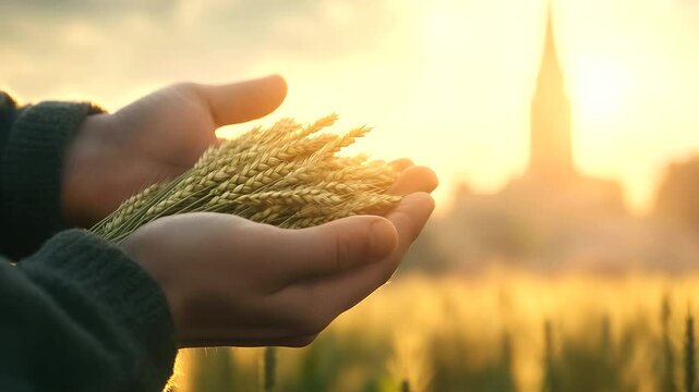 Gentle hands cradle wheat stalks as if in offering, soft light and blurred church steeple in background, divine aura