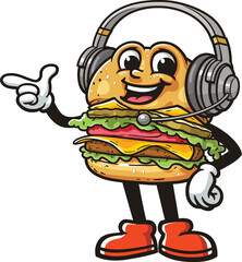 Cartoon character burger wearing headset or headphone