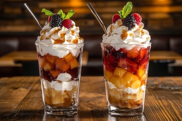 Colorful layered dessert in a glass.