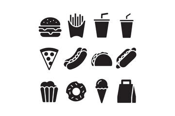 Fast Food Icons Set Burger, Pizza, Drink, Snacks Vector Silhouette