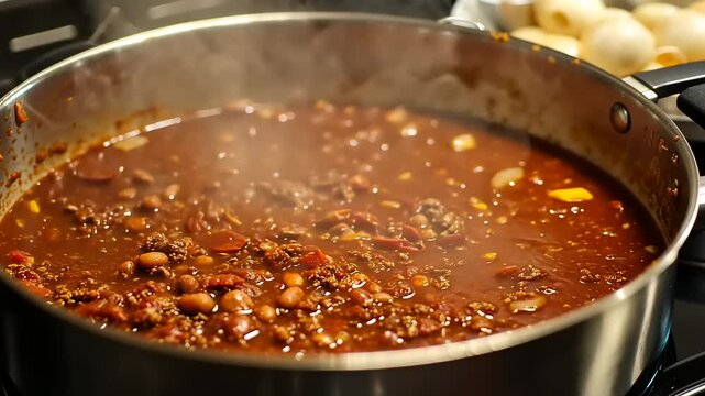 A simmering pot of chili with beans and ground meat, steam rising in a cozy kitchen setting