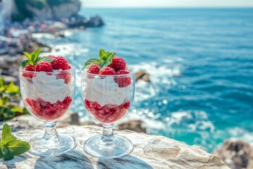Two glasses of raspberry dessert with whipped cream, beside the ocean.