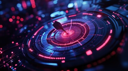 Futuristic target center with glowing circular interface and dart hitting bullseye.
