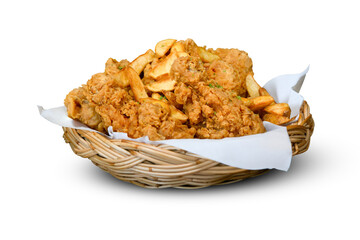 Crispy fried chicken and thick-cut potato wedges served in a wicker basket on white background, perfect for fast food or comfort food concepts.

