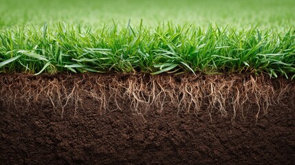 Green grass growing from dark, rich soil, visible root system underneath ground level.
