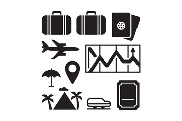 Travel and Vacation Icons Set Airplane, Passport, Luggage, and Map Vector Illustrations
