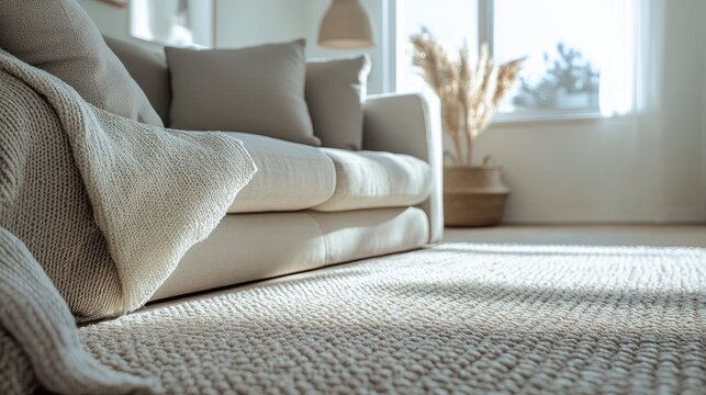Interior photos of a living room showing a fabric sofa and carpet in the foreground.