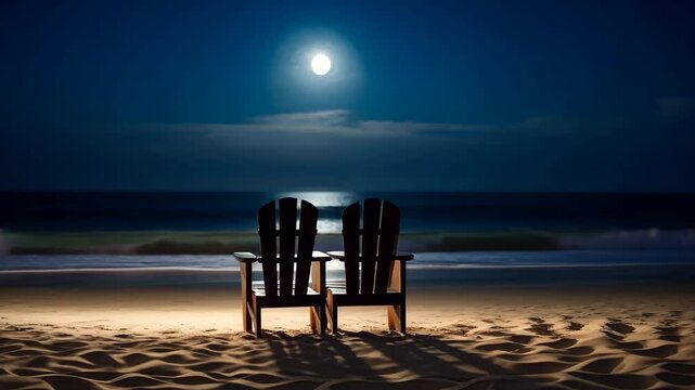 Empty beach chairs under moonlight by ocean waves, romantic nocturnal seaside concept of luxury escapes