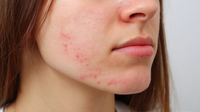 Close-up of a woman's face with acne, redness, and inflammation on the cheek and chin.