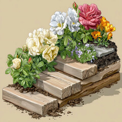 Detailed Layered Garden Bed Diagram Showing Soil Structure and Floral