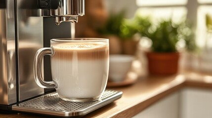 Latte Coffee with Milk on Modern Kitchen Coffee Machine