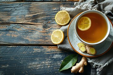 A commercial theme with a top view of a cup of ginger tea with a slice of lemon and ginger on a wooden table, Generative AI.
