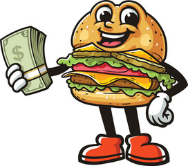 Cartoon burger character holding cash
