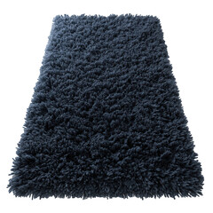 A top view of a dark blue shaggy rug with a soft texture on a black background in a studio setting