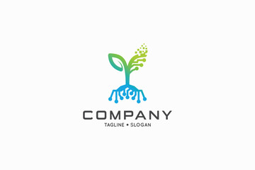 Green leaf plant logo design with modern technology concept