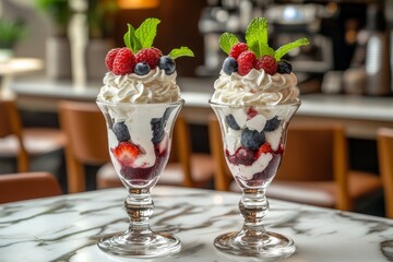 Two dessert glasses filled with whipped cream and mixed berries.