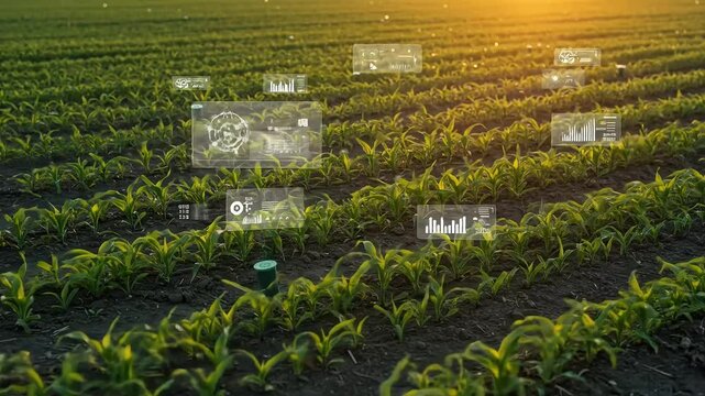Aerial View of Young Corn Sprouts in Smart Farm Under Golden Hour Light