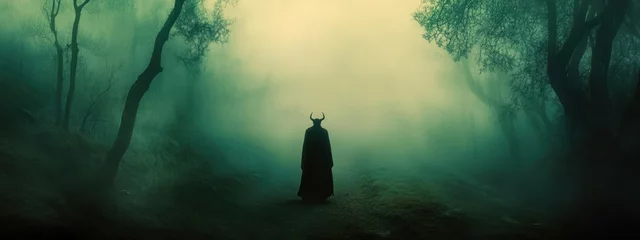 Wanddecoratie Bosdieren Dark figure in foggy forest path  © Rahayu