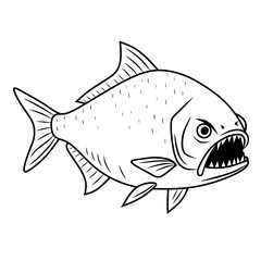 Hand-drawn Piranha. Black and white. Vector sketch of a fish isolated on a white background.