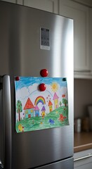 Colorful Child Drawing on Fridge with Magnet, Soft Kitchen Light
