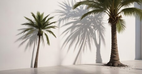 Fototapeta premium Deep, textured palm tree shadow against a stark white wall Tropical ambiance , plant life, contrast