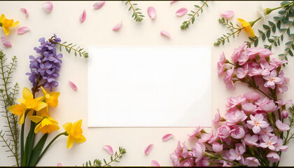 Floral arrangement with daffodils, hyacinths, and pink blossoms with card| Mockup Invitation | Blank Card | Marketing Material | Promotional Content	
