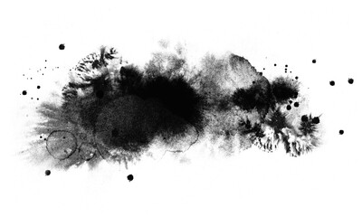 Abstract ink background, grunge art. Black paint stroke texture on white paper in marble style. Wallpaper for web design and games. Hand drawn watercolor isolated illustration