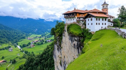 Fototapeta premium Picturesque Cliffside Village Overlooking Lush Green Valley