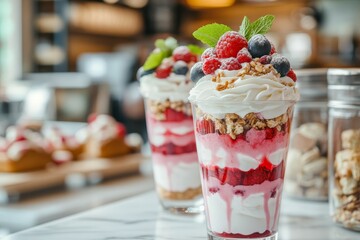 Fresh fruit dessert layered in a glass bowl.