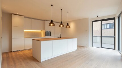 Modern kitchen with simple white cabinets, wood floors, and chic pendant lights at duintopstraat