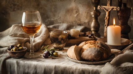 Still life photography of wine bread olives and candle for religious or traditional themes scene setting