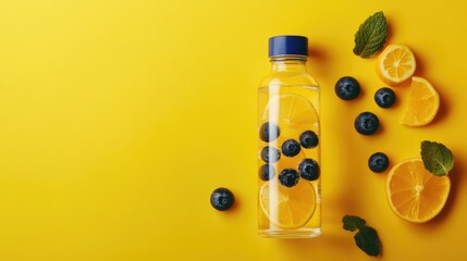 Orange and blueberry detox water in bottle on yellow background, top view with space for text.