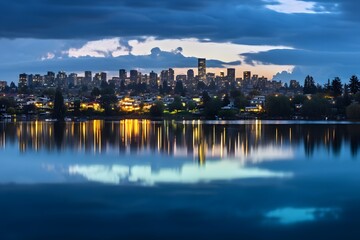 Obraz premium City Skyline Reflection at Dusk Over Calm Water