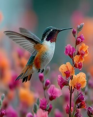 Fototapeta premium Close-up of hummingbird sipping nectar from flower, soft light and pastel tones, motion blur on wings flowers