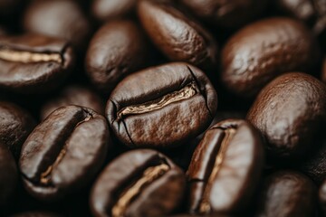 Close-up view of roasted coffee beans with rich texture. AI generative