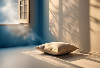 A serene minimalist room with a single cushion on the floor, natural light entering from a large open window, shadows creating gentle patterns on the wall, spiritual ambience with soft fog outside