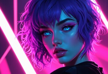 Obraz premium Stunning portrait of a woman with vibrant purple hair and striking blue eyes