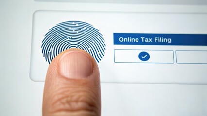 Fingerprint authentication on a touchscreen for online tax filing, highlighting security in digital transactions.