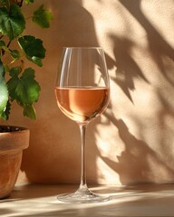 Close-up of rose wine against clean backdrop, subtle shadow and curved glass detail