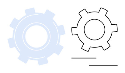 Two gear shapes, one solid and one outlined, with minimal lines suggesting functionality and process. Ideal for engineering, operation, automation, settings, technology, workflow simple landing page