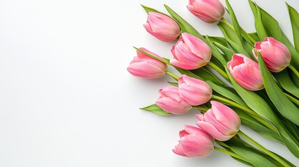 Pink tulip bouquet on white background with space for text. Mother's Day