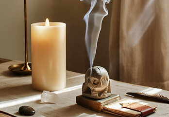 A minimalist spiritual altar on a rustic wooden table, featuring a lit candle, incense smoke, and a small stone sculpture, gentle sunlight filtering through linen curtains, soft focus 