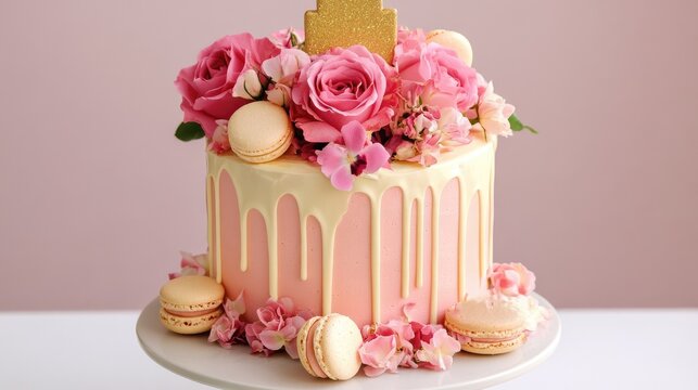 Pink vanilla birthday cake with real roses, macarons, and a golden sign